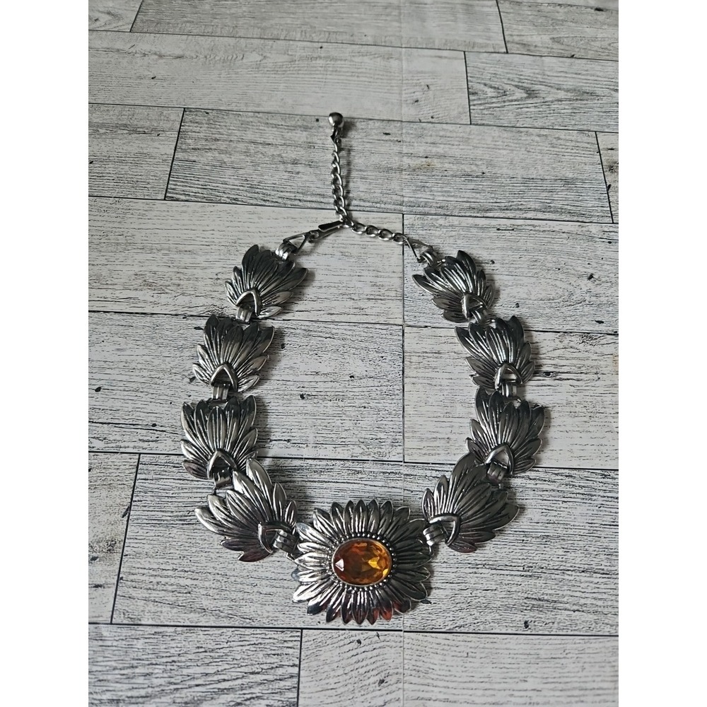 Vintage Stunning Heavy Silver Tone Metal Flower, Leaves Link Necklace & Bracelet